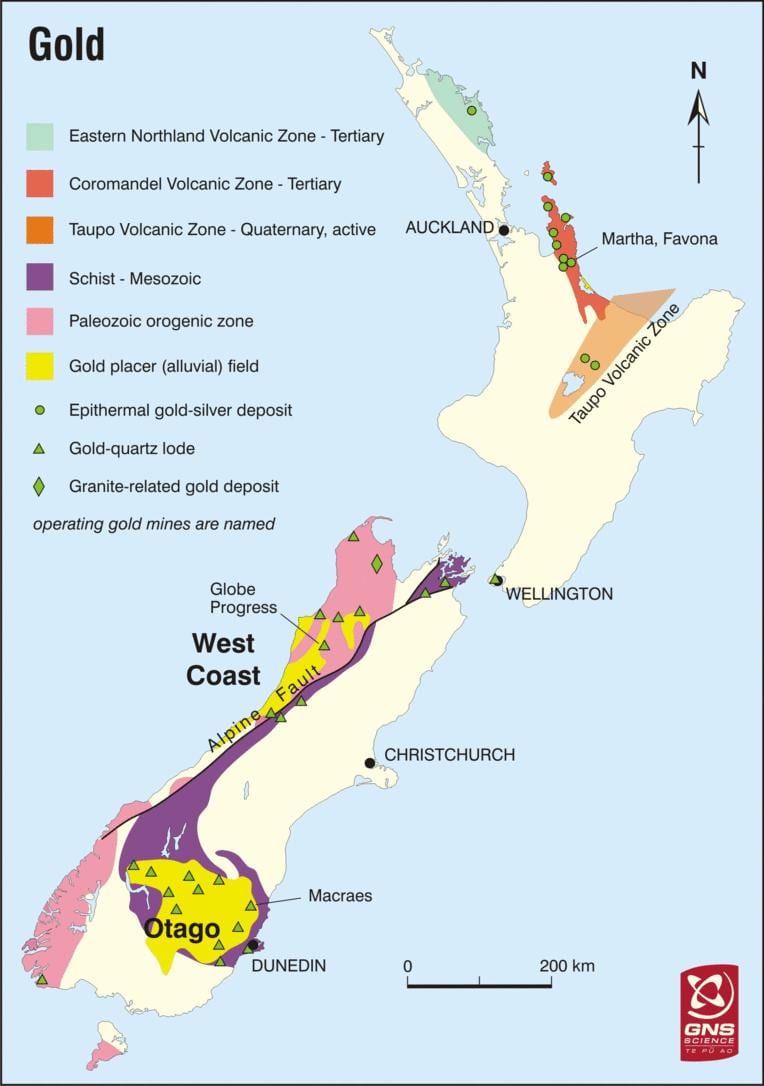 Kaart van goud in nieu-seeland 