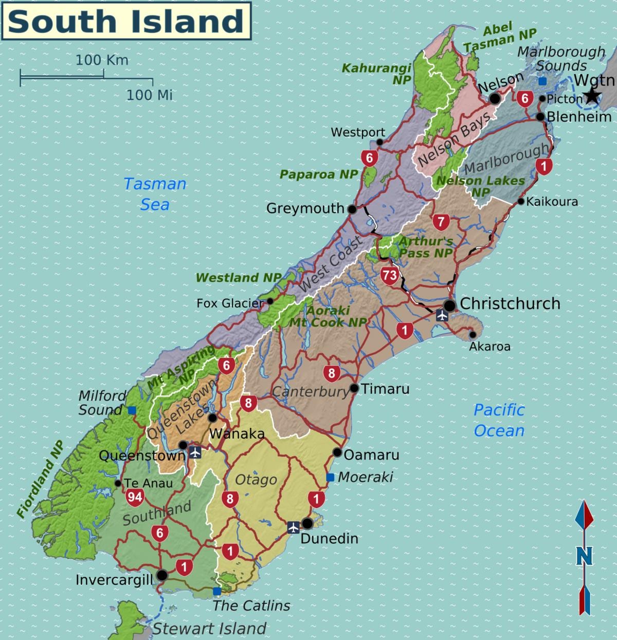 Kaart van suid-eiland van nieu-seeland streke