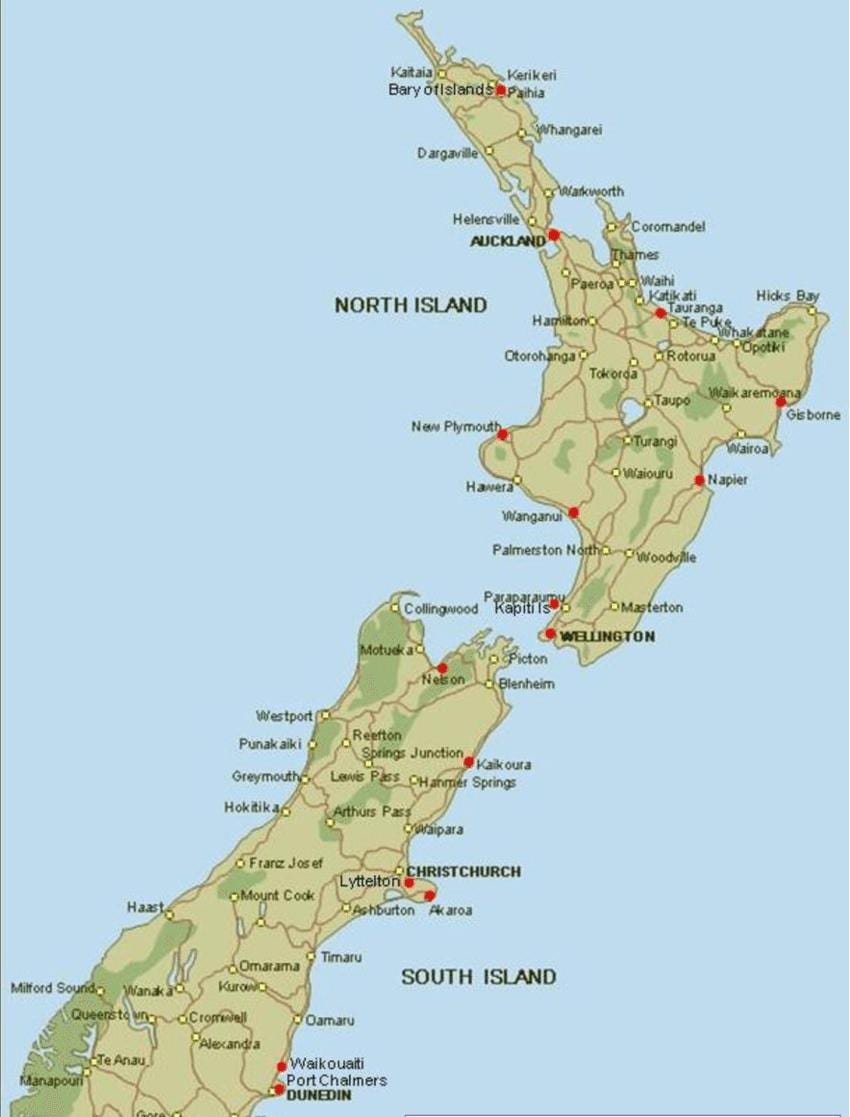 Kaart van nieu-seeland hawens