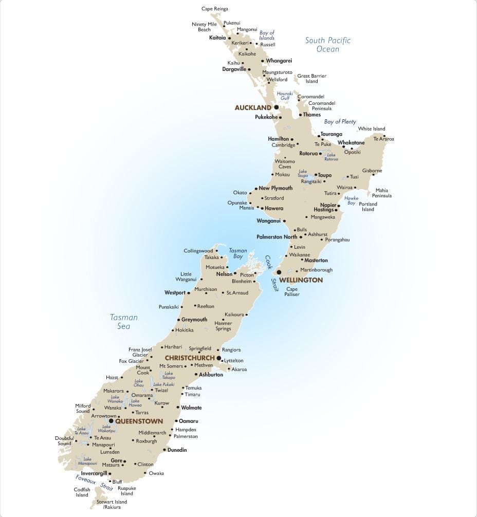 Kaart van nieu-seeland hoogtepunte 