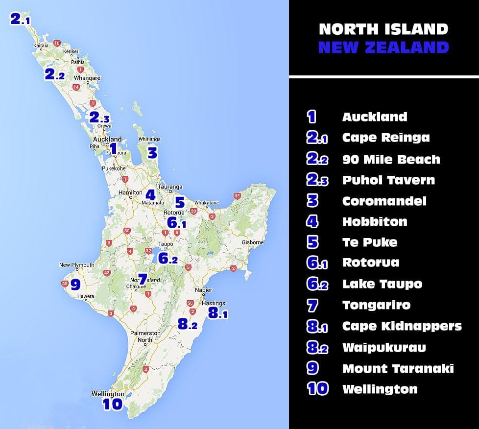 Kaart van nieu-seeland noord-eiland aantreklikhede
