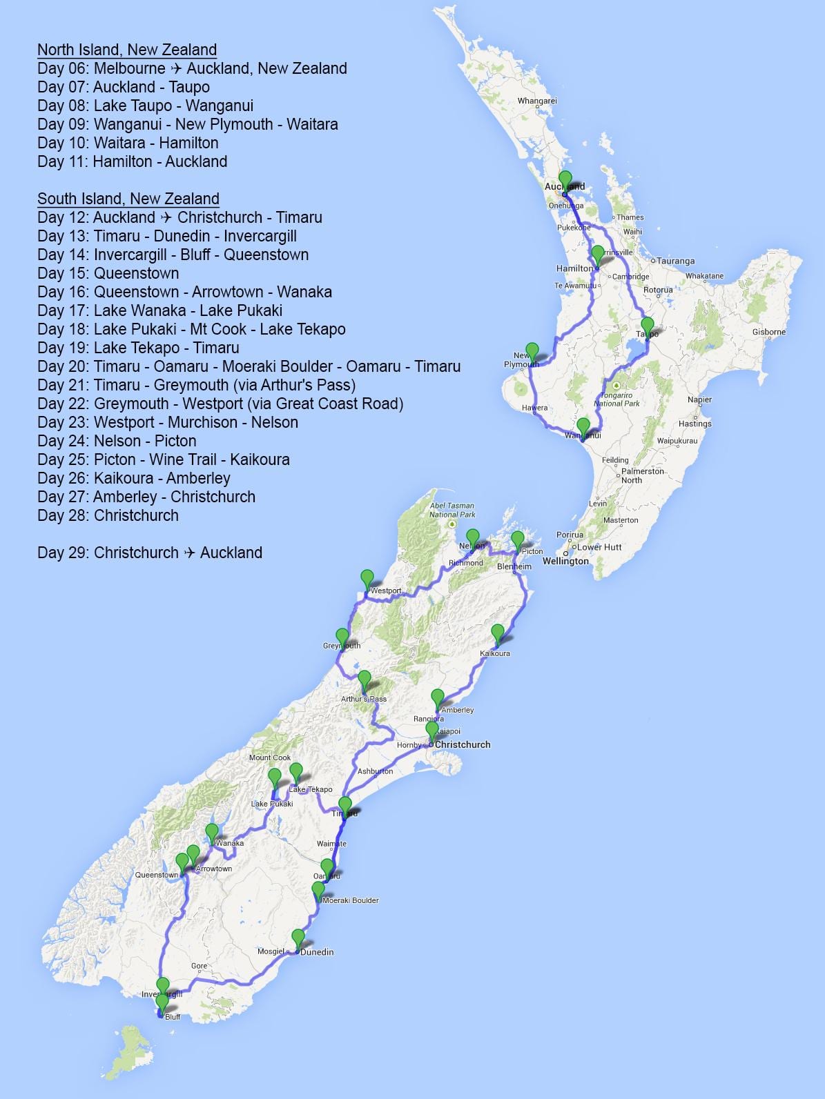 Kaart van nieu-seeland road trip