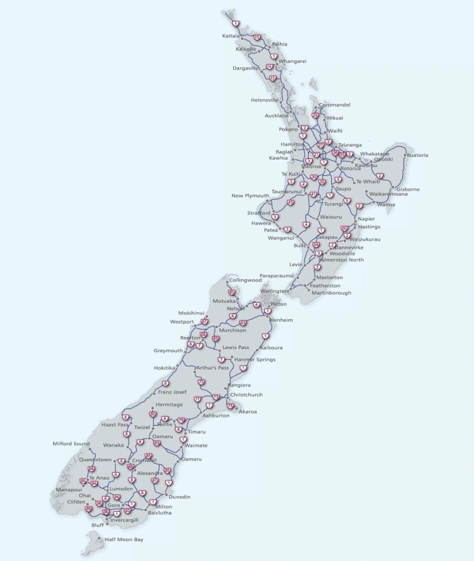 Kaart van nieu-seeland roete 