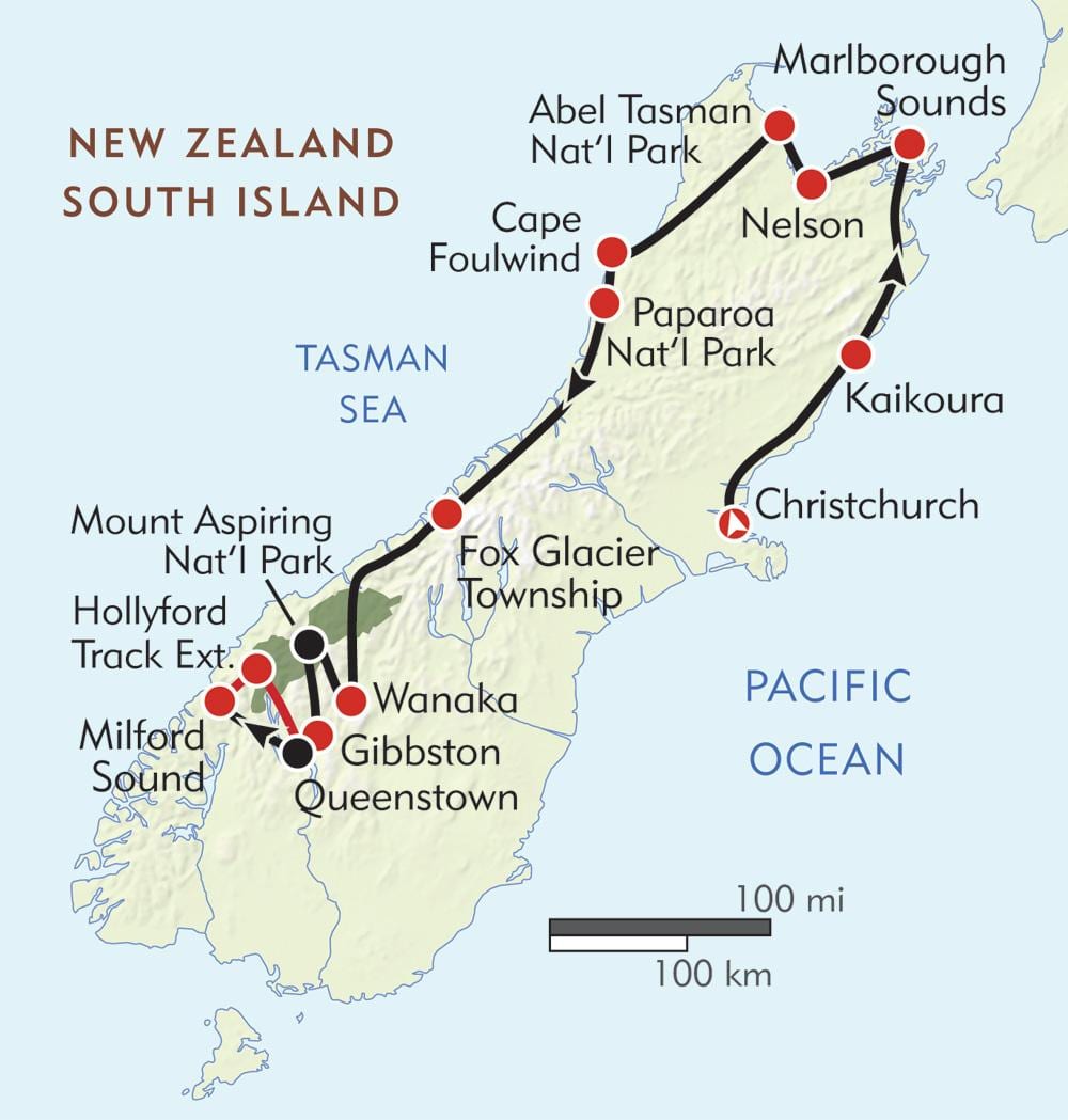 Kaart van nieu-seeland staproetes