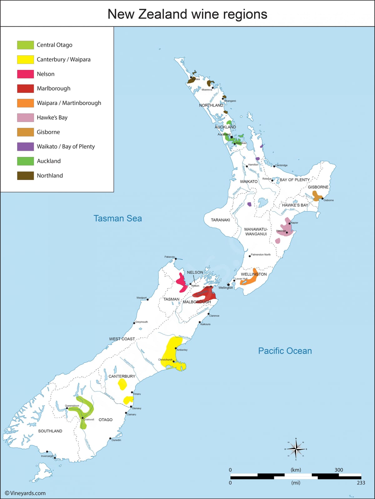 nieu-seeland wyn streke kaart