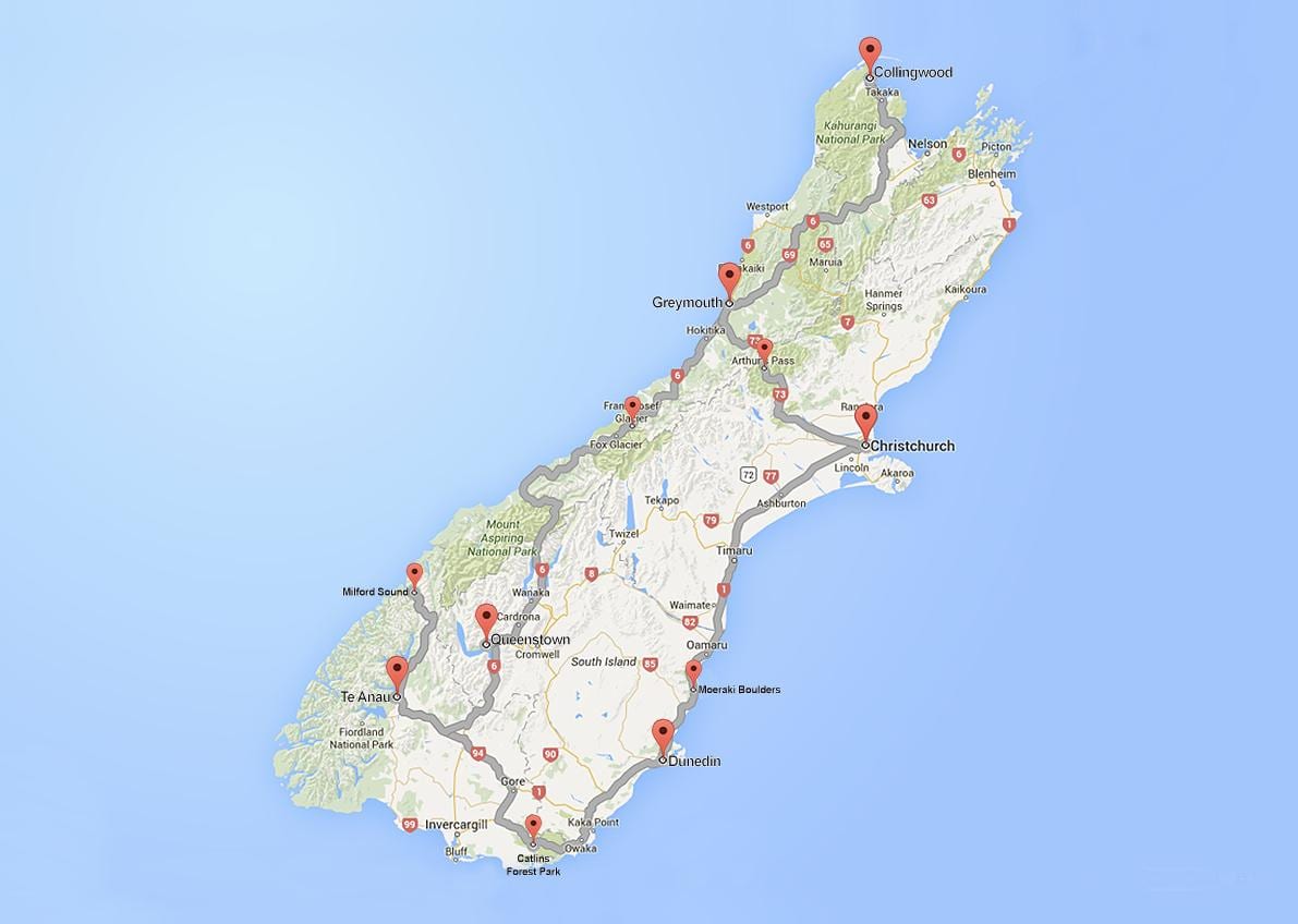 gedetailleerde padkaart van suid-eiland van nieu-seeland