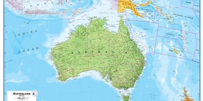 Kaart van australië en nieu-seeland fisiese