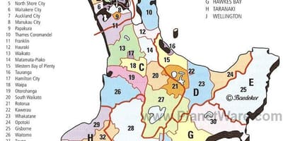 Kaart van nieu-seeland noord-eiland streke en distrikte