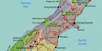 Kaart van suid-eiland van nieu-seeland streke