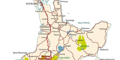 Gedetailleerde padkaart van die noord-eiland van nieu-seeland