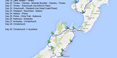 Kaart van nieu-seeland reis beplanner 