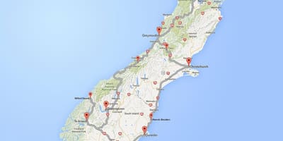 Gedetailleerde padkaart van suid-eiland van nieu-seeland