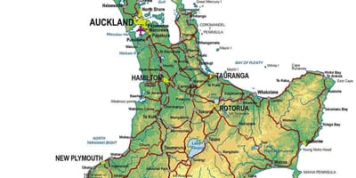 Nieu-seeland noord-eiland toeriste-aantreklikhede kaart